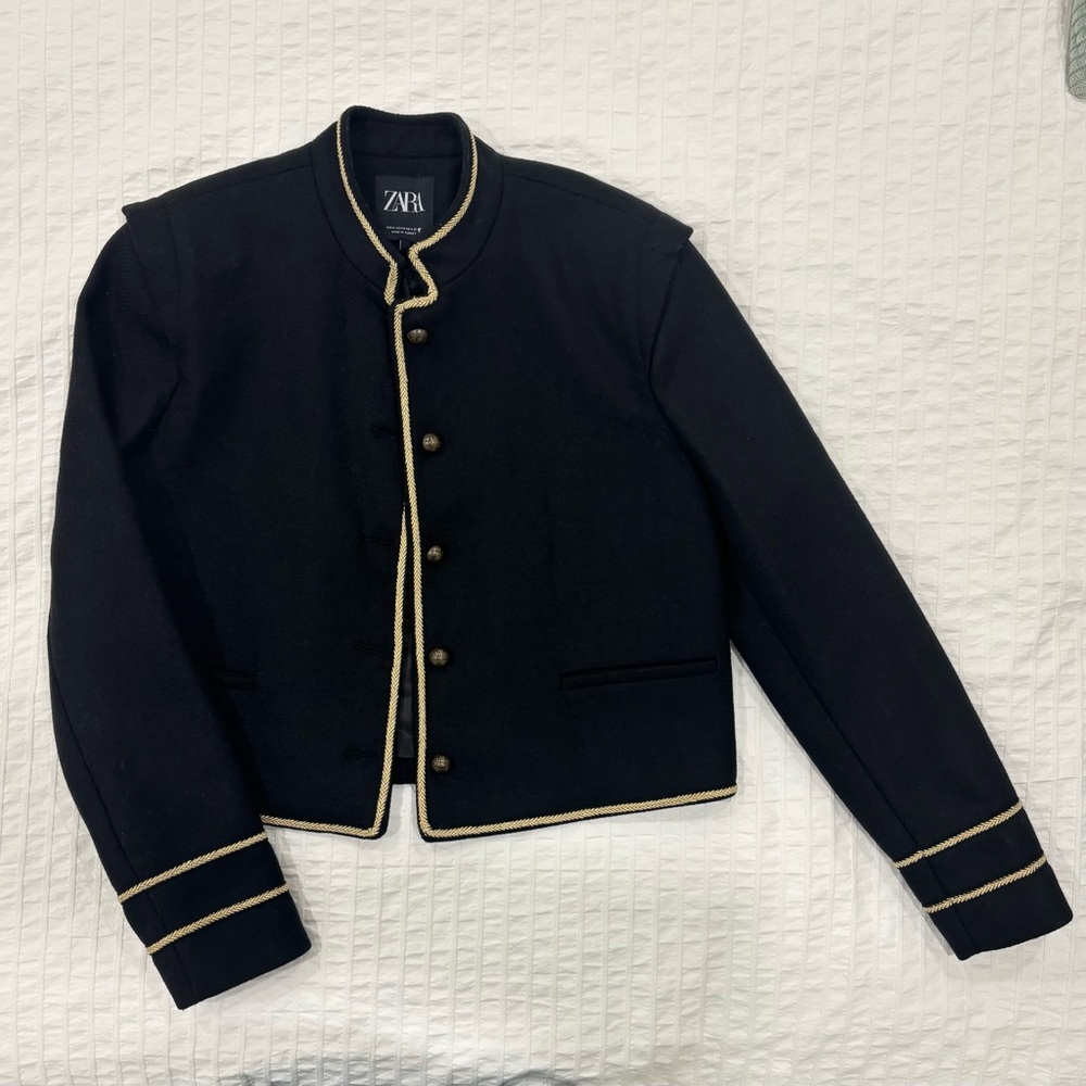 Zara Black and Gold Military Jacket with Mandarin Collar